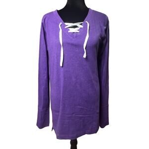 LAT Ladies Long Sleeve Lace-Up Tee Shirt Top Size Medium Vintage Purple Eggplant